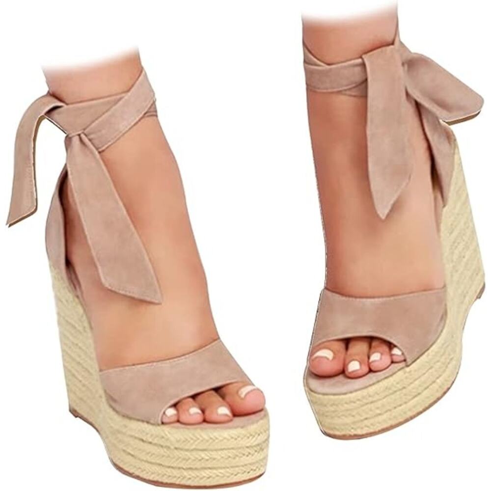 Fashare Womens Size 8 Beige 4" Wedge Heel Open Toe Ankle Tie Lace Up Shoes